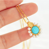 Silver Inlaid Turquoise Pearl Pendant Necklace Chinese Retro Charm
