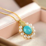 Silver Inlaid Turquoise Pearl Pendant Necklace Chinese Retro Charm