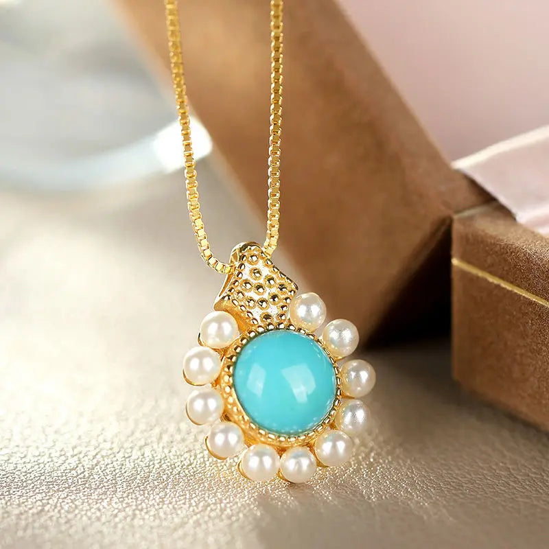 Silver Inlaid Turquoise Pearl Pendant Necklace Chinese Retro Charm