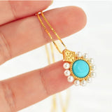 Chinese Retro Silver Inlaid Turquoise Pearl Pendant Necklace