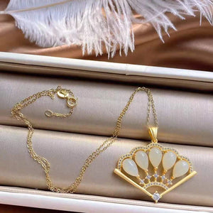Silver Hetian Jade Diamonds Palace Fan Pendant Necklace Women Jewelry