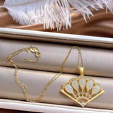 Silver Hetian Jade Diamonds Palace Fan Pendant Necklace Women Jewelry