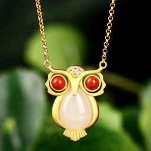 Silver Hetian Jade Owl Pendant Necklace Chinese Retro Women's Jewelry