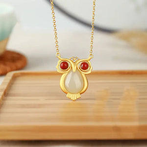 Silver Hetian Jade Owl Pendant Necklace Chinese Retro Women's Jewelry