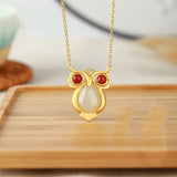 Silver Hetian Jade Owl Pendant Necklace Chinese Retro Women's Jewelry