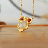 Silver Hetian Jade Owl Pendant Necklace Chinese Retro Women's Jewelry