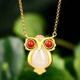 Silver Hetian Jade Owl Pendant Necklace Chinese Retro Women's Jewelry
