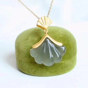 Natural Hetian Jade Shell Fan Pendant Necklace Silver Charm Women's Jewelry