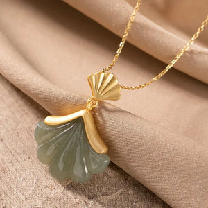 Natural Hetian Jade Shell Fan Pendant Necklace Silver Charm Women's Jewelry