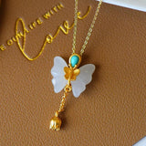 Silver Hotan Jade Turquoise Butterfly Pendant Necklace