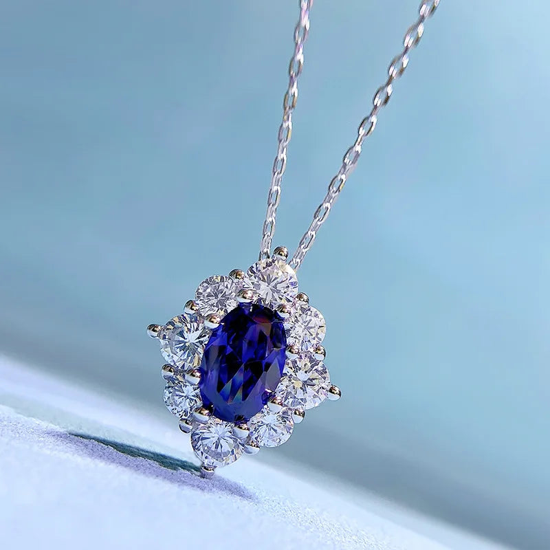 Sapphire Flower 925 Silver Necklace Pendant Geometric Design