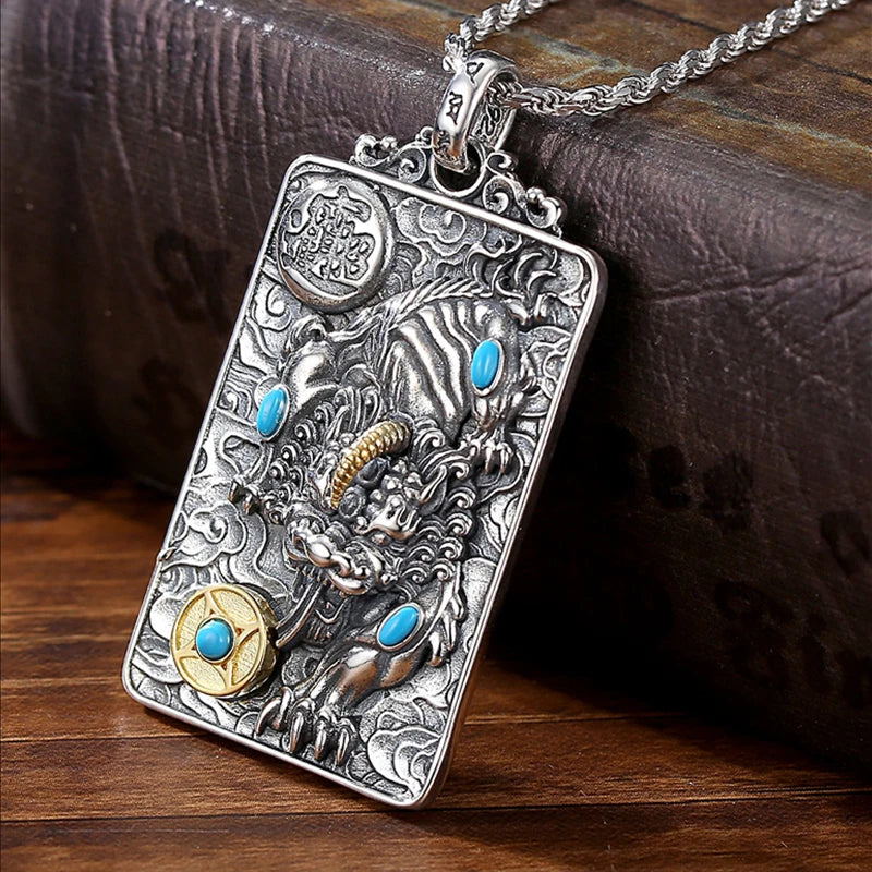 Silver Pixiu Pendant Men Lucky Transfer Amulet Chinese Retro Necklace
