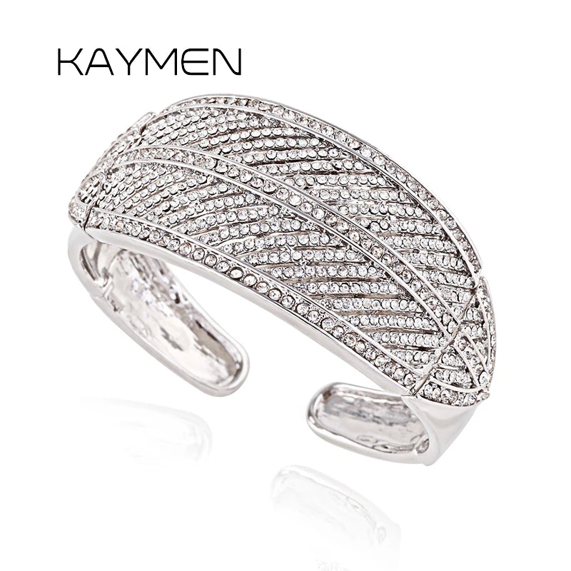 Silver Plated Rhinestone Leaf Cuff Bracelet for Women Girls