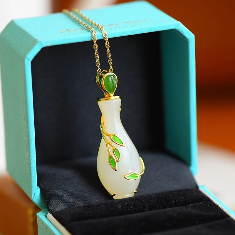 Silver Rose Hetian Chalcedony Pendant Necklace Vase Design