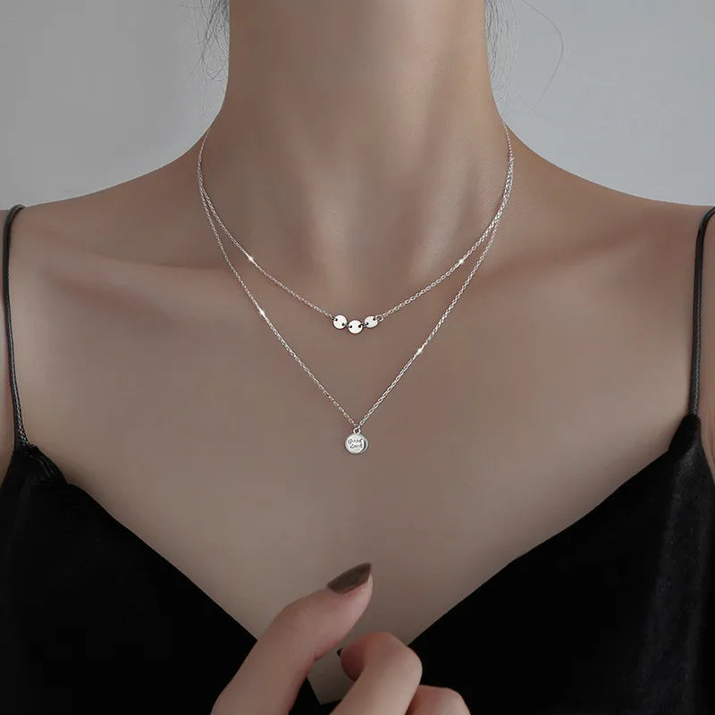 925 Silver Good Luck Necklace Double Layers Clavicle Chain Women