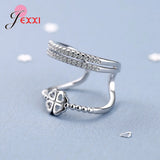 925 Silver Zircon Leaf Flower Open Ring Adjustable Wedding Jewelry