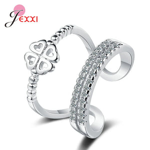 925 Silver Zircon Leaf Flower Open Ring Adjustable Wedding Jewelry