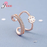 925 Silver Zircon Leaf Flower Open Ring Adjustable Wedding Jewelry