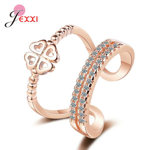 925 Silver Zircon Leaf Flower Open Ring Adjustable Wedding Jewelry