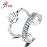 925 Silver Zircon Leaf Flower Open Ring Adjustable Wedding Jewelry