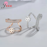 925 Silver Zircon Leaf Flower Open Ring Adjustable Wedding Jewelry