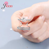 925 Silver Zircon Leaf Flower Open Ring Adjustable Wedding Jewelry