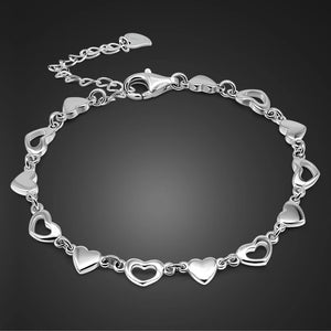 925 Sterling Silver Heart Link Bracelet Bohemian Charm Jewelry