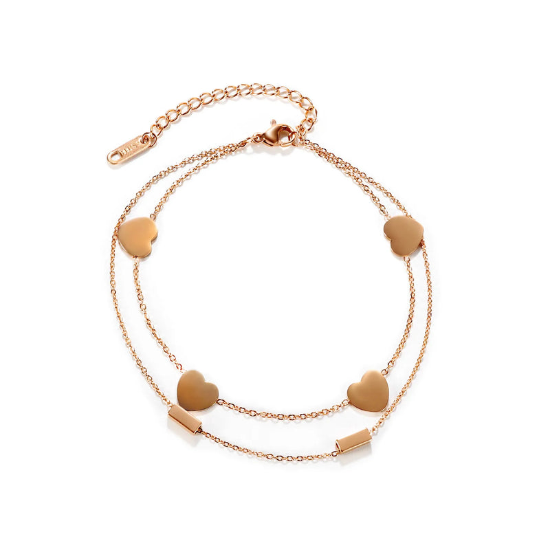 Heart-shaped Rectangle Double Chain Anklets Stainless Steel Jewelry