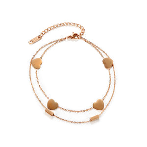 Heart-shaped Rectangle Double Chain Anklets Stainless Steel Jewelry