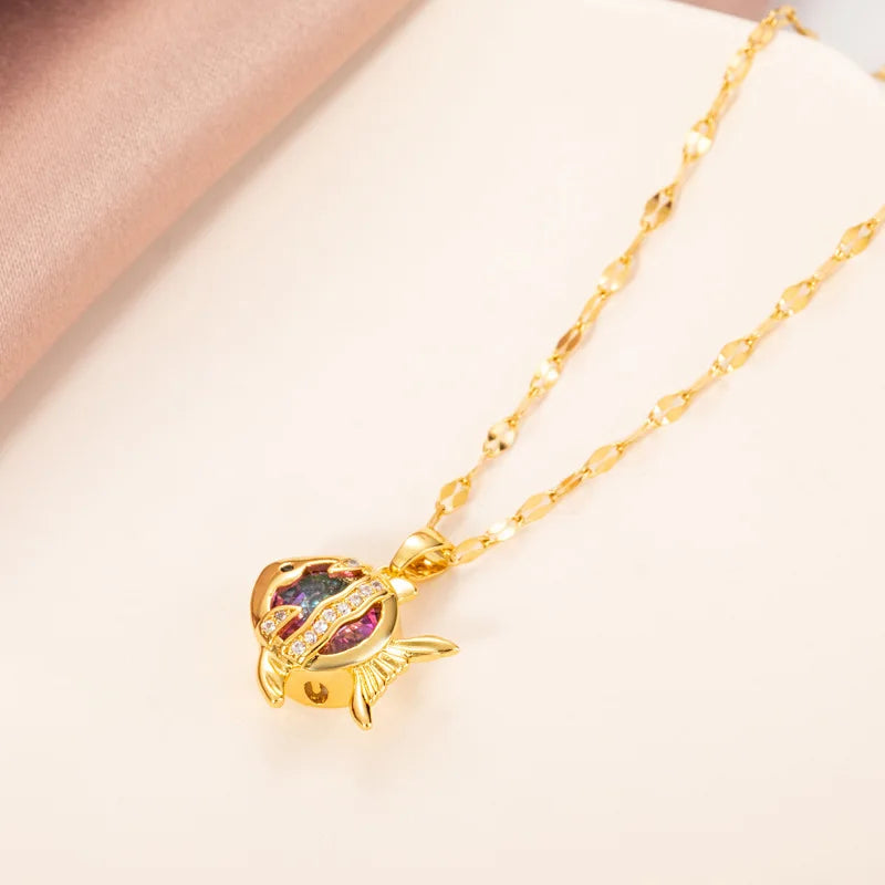 Colored Diamond Flying Fish Pendant Necklace Women Jewelry