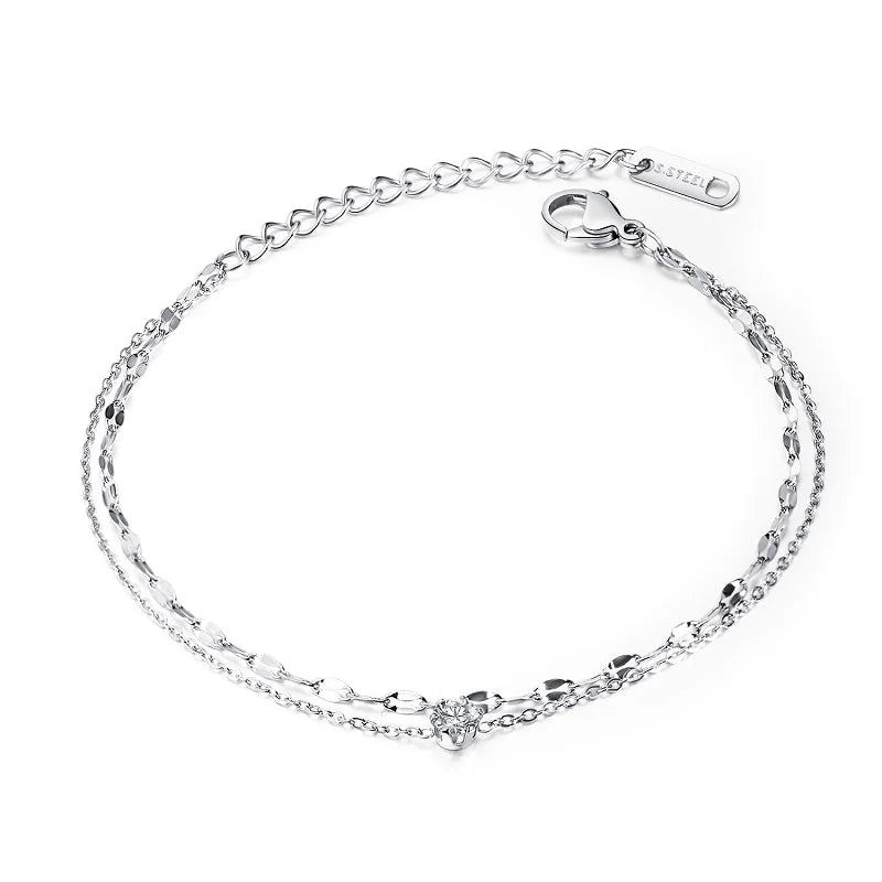 Zircon Multi-layered Anklet Rose Stainless Steel Jewelry