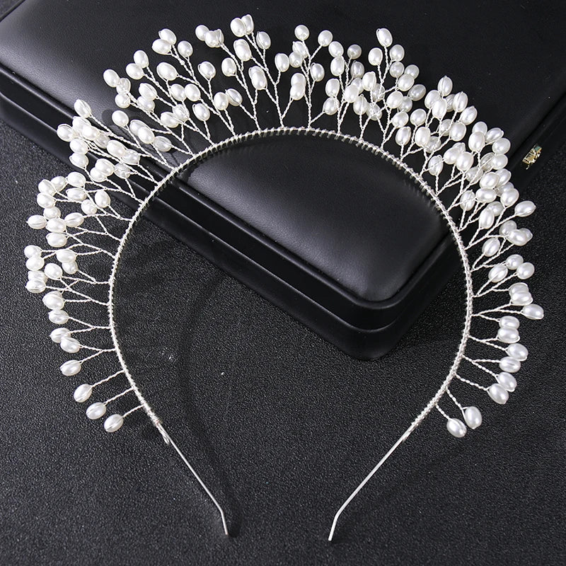 Simulated Pearls Hairband Rose Silver Bridal Headband