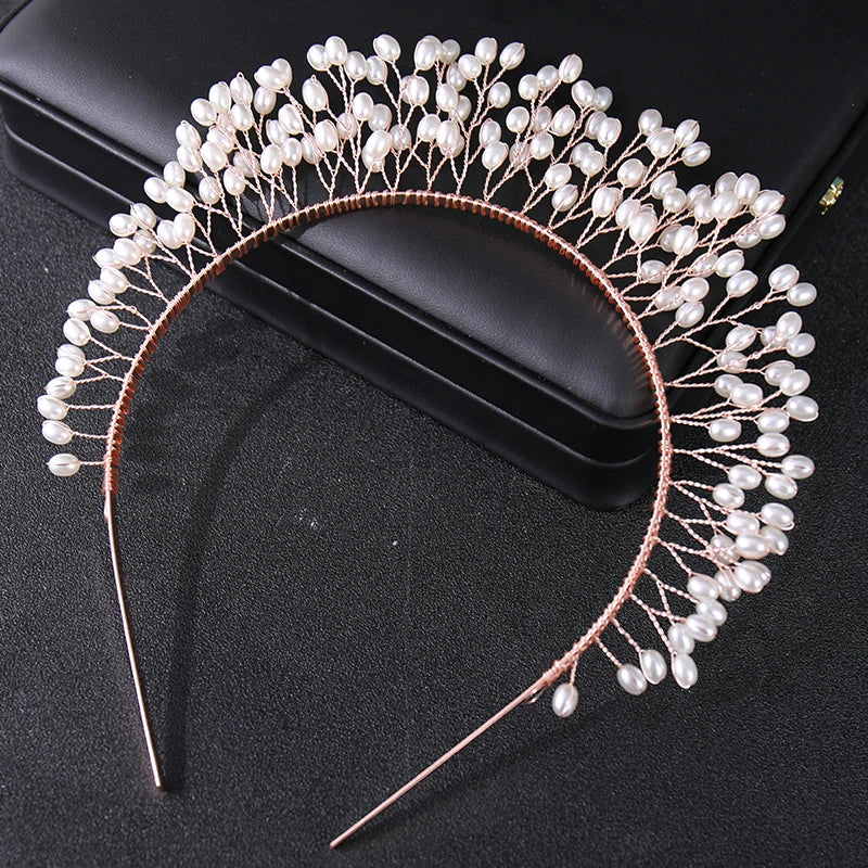 Simulated Pearls Hairband Rose Silver Bridal Headband