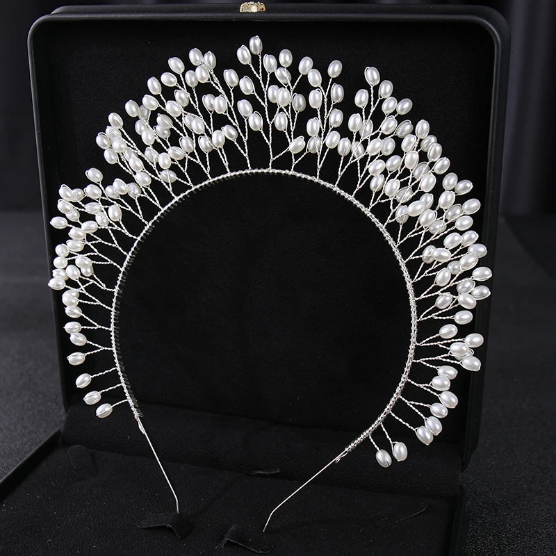 Simulated Pearls Hairband Rose Silver Bridal Headband