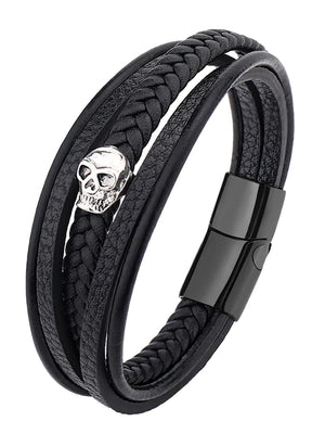 Skull Leather Bracelet Men Magnetic Button Stainless Steel Multilayer