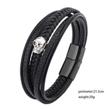 Skull Leather Bracelet Men Magnetic Button Stainless Steel Multilayer