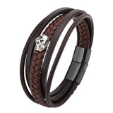 Skull Leather Bracelet Men Magnetic Button Stainless Steel Multilayer