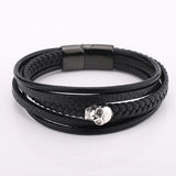 Skull Leather Bracelet Men Magnetic Button Stainless Steel Multilayer