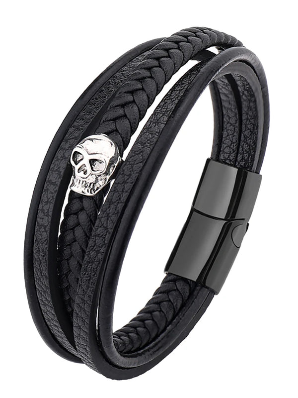 Skull Leather Bracelet Men Magnetic Button Stainless Steel Multilayer