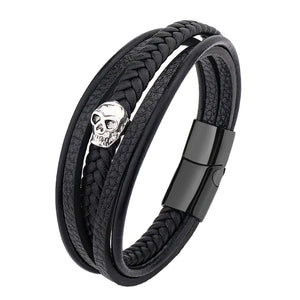 Skull Leather Bracelet Men Magnetic Button Stainless Steel Multilayer