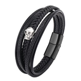 Skull Leather Bracelet Men Magnetic Button Stainless Steel Multilayer