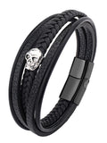 Skull Leather Bracelet Men Magnetic Button Stainless Steel Multilayer