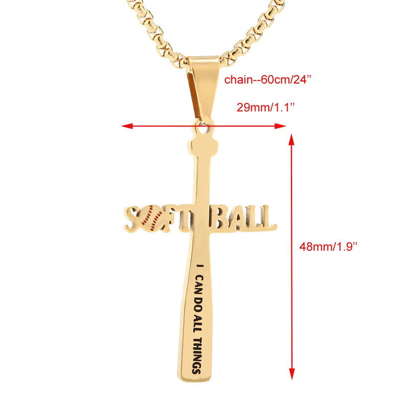 Softball Bat Cross Pendant Necklace, I CAN DO All Things Bible Verse