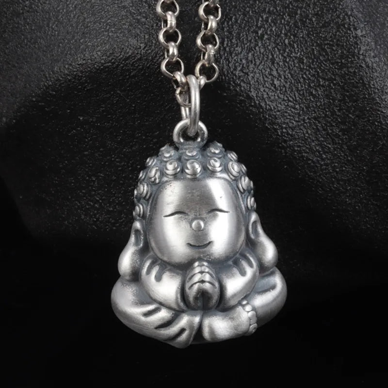 Solid S990 Pure Silver Retro Cartoon Little Buddha Pendant