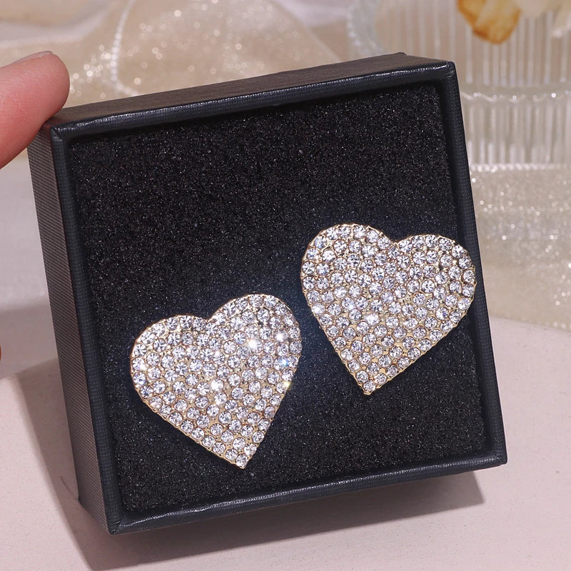 Big Rhinestone Love Heart Earrings Dinner Party Stud Romantic Wedding Jewelry