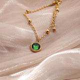 Stainless Steel Ball Chain Foot Bracelet Green Stone Charm Anklet
