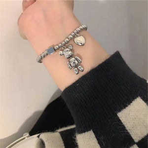 Women's Stainless Steel Beaded Bracelet with Heart Bear Pendant
