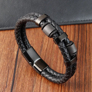 Men's Stainless Steel Leather Bracelet with Magnetic Buckle