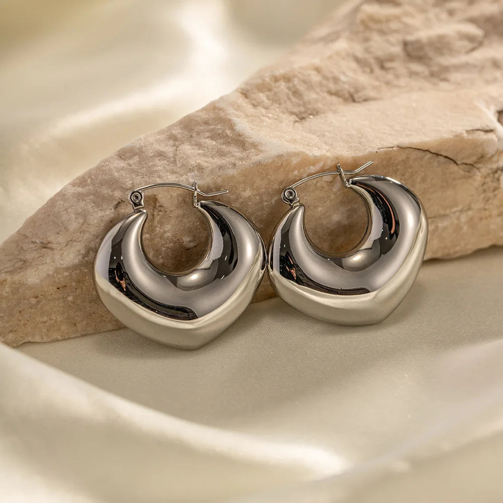 Heart Shaped Chunky Hoop Earrings Silver