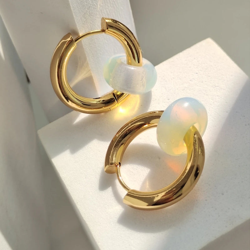 Stainless Steel Green Malachite Hoop Earrings for Women
